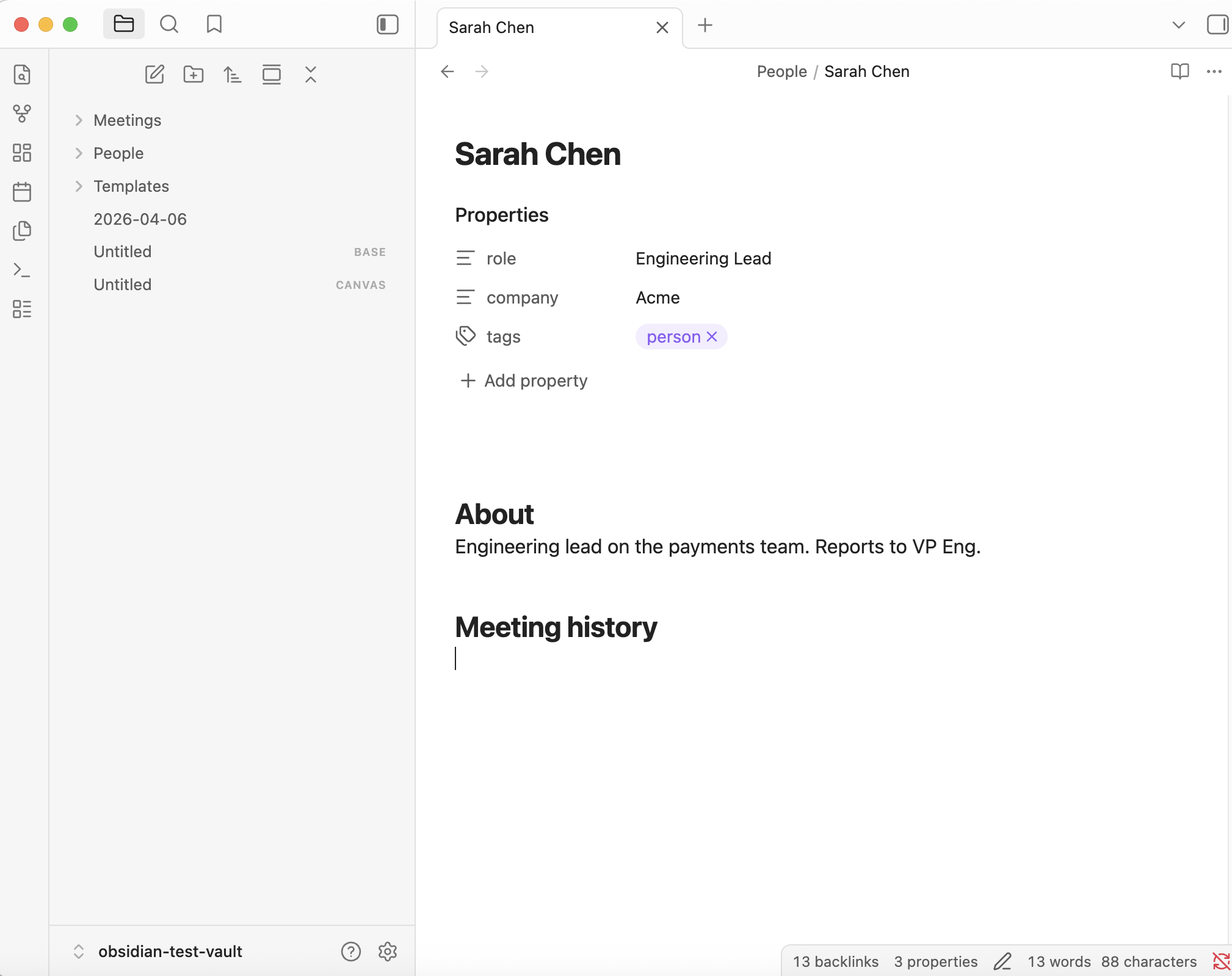 char-editor-width=80 Person note in Obsidian with role, company, and tags properties