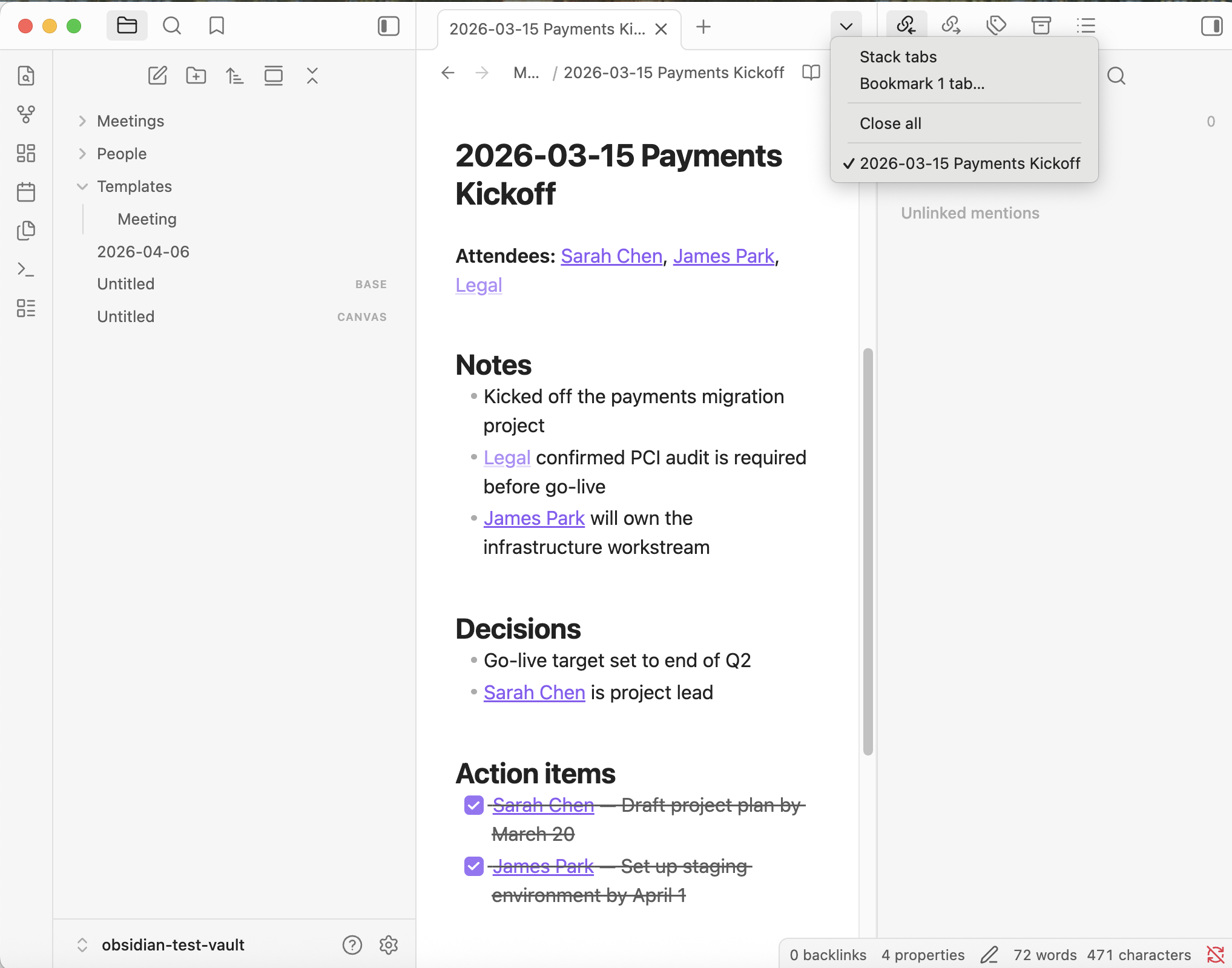 char-editor-width=80 Person note with backlinks panel showing linked meeting notes
