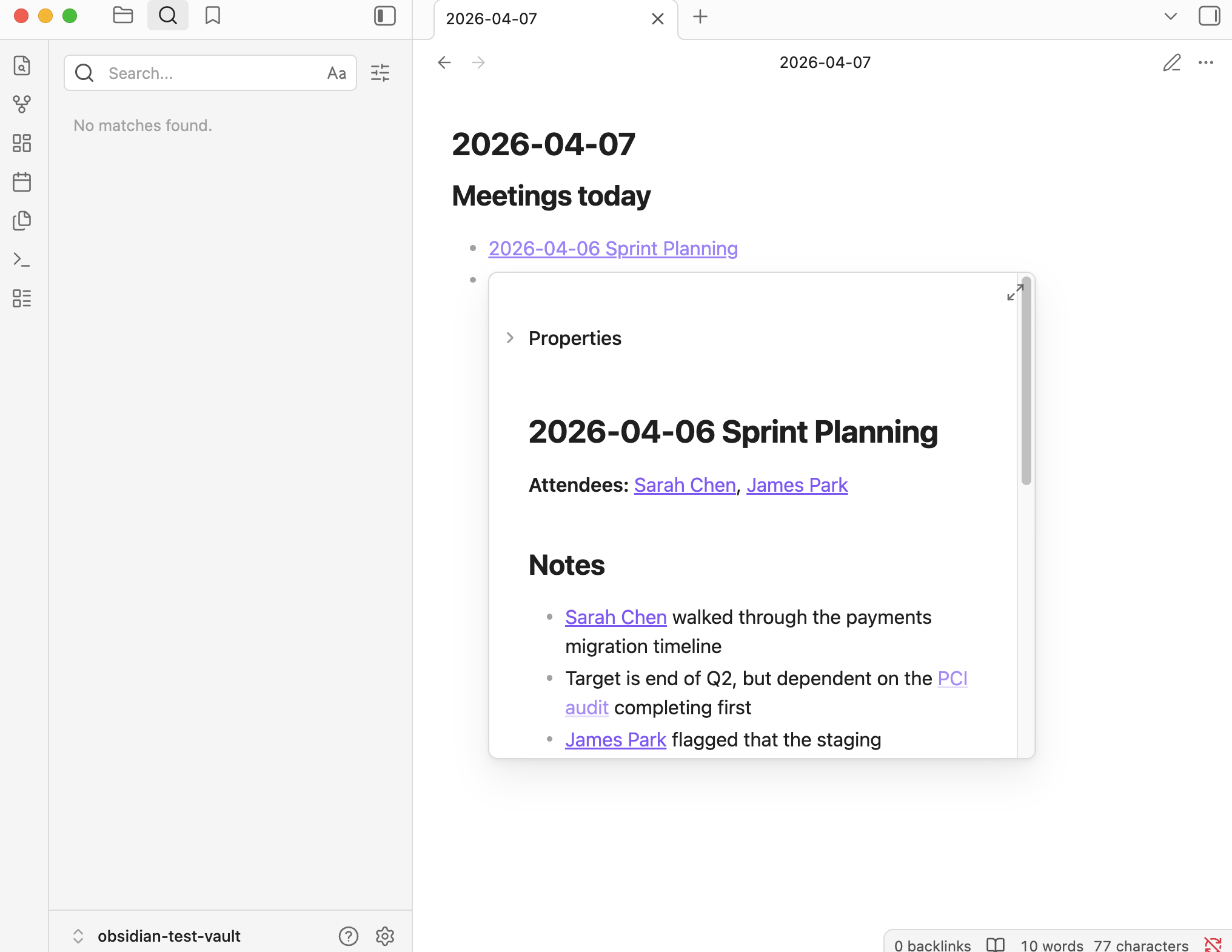 char-editor-width=80 Daily note with wikilinks to today's meeting notes