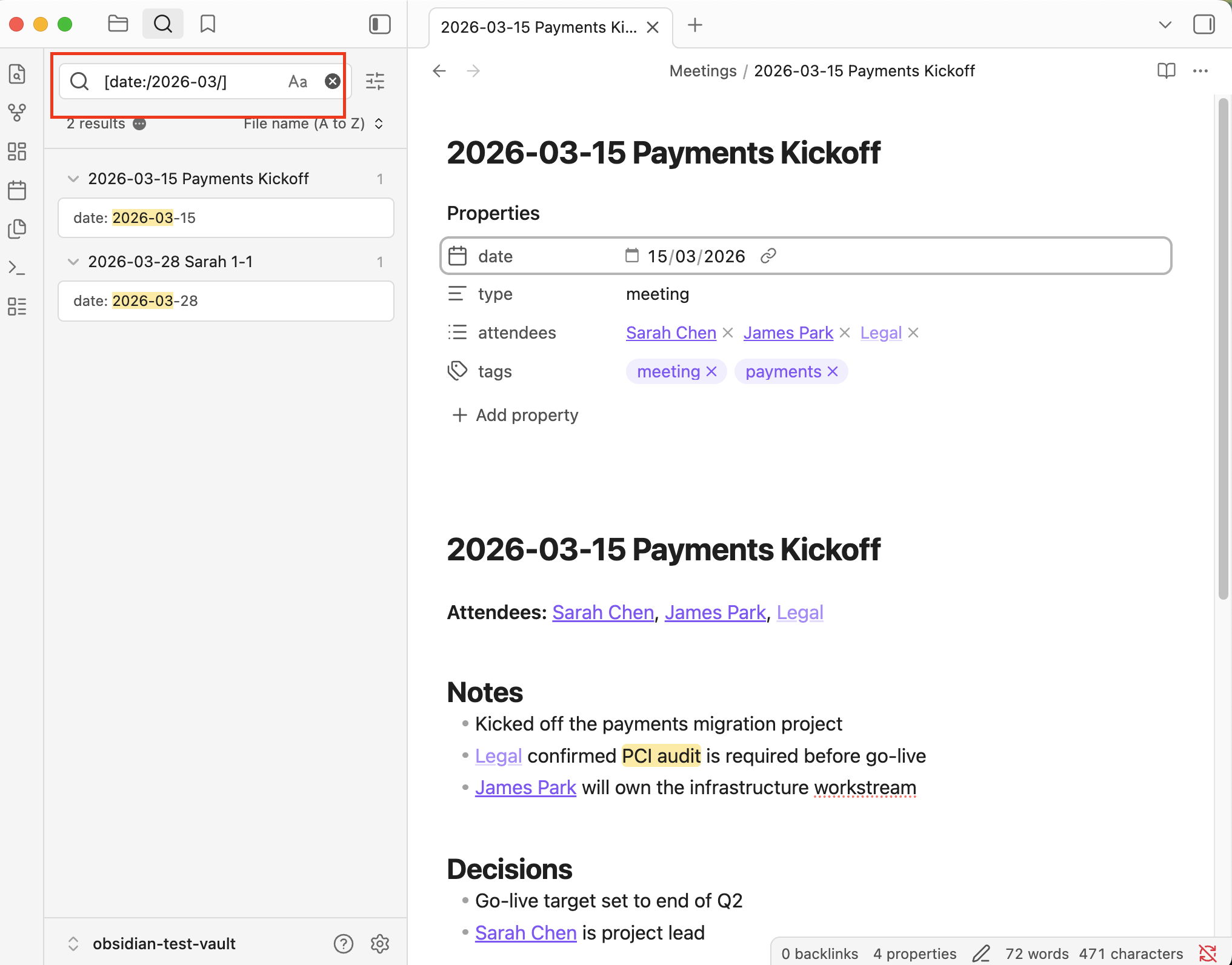 char-editor-width=80 Obsidian search filtering notes by date property